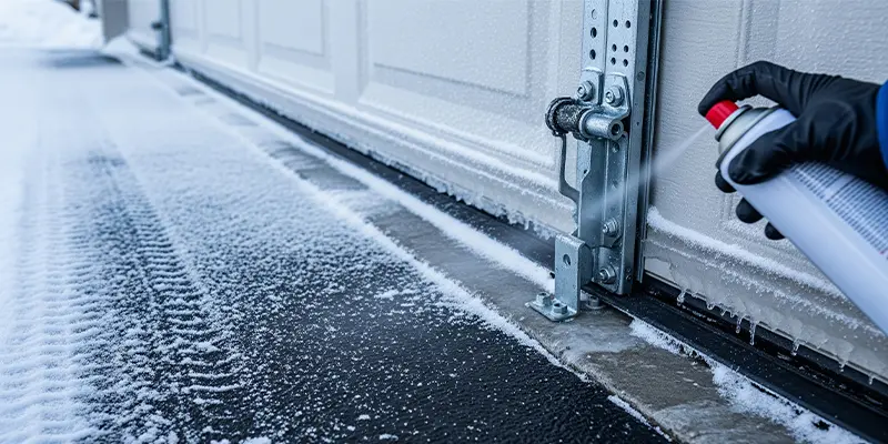 Minnesota garage door with ice buildup near bottom seal during winter freeze-thaw cycle