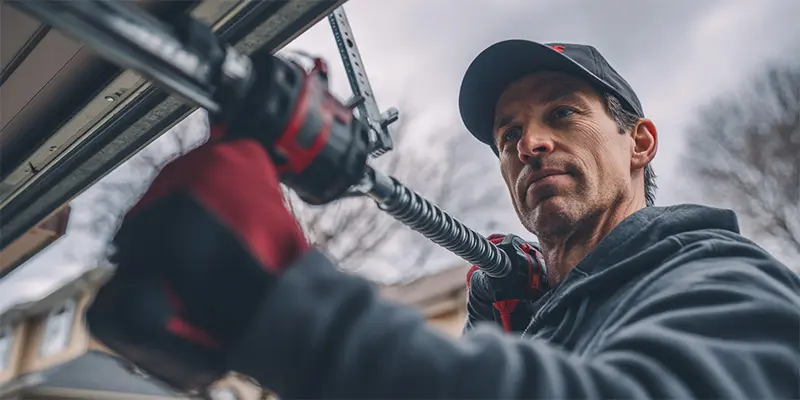 Technician installing high-cycle torsion springs on a Minnesota residential garage door