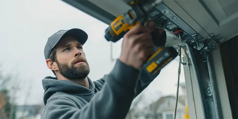 Technician re-aligning a Minnesota garage door that jumped the track